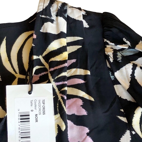 ba&sh Top Cross Black Floral Viscose V-Neck Three Quarter Sleeve Blouse Size XS - Picture 4 of 13
